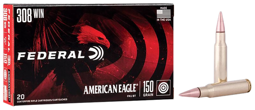 Federal American Eagle Rifle Ammunition AE308D, 308 Winchester, Metal Case Boat-Tail, 150 GR, 2820 fps, 20 Rd/bx