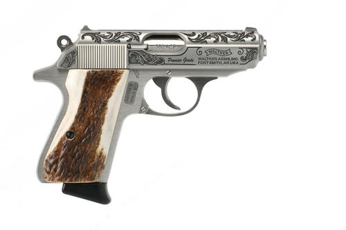 Walther PPK/S Pistol 4796004TGW, 380 ACP, 3.3in, Steel Frame, Elk Stag Grips, Engraved, 7 Rds
