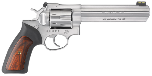 Ruger GP100 Revolver 1773, 357 Mag, 6", Black Rubber w/Wood Insert Grip, Satin Stainless Finish, 7 Rd