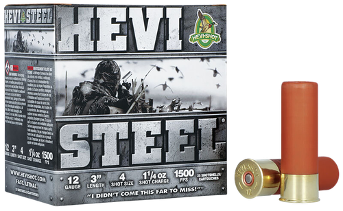 Hevishot Hevi-Steel Shotshells 60004, 12 Gauge, 3", 1-1/4 oz, 1500 fps, #4 Shot, 25 Rds/Bx