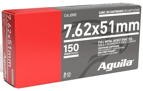 Aguila Rifle Ammunition 1E762110, 7.62mmX51mm NATO, Full Metal Jacket Boat Tail, 150 GR, 2750 fps, 20 Rd/bx