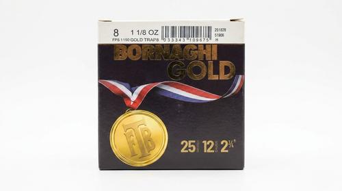 Bornaghi Gold Trap Target Loads, 12 Gauge, 2-3/4", 1 1/8 oz, 1150 fps, #8 Shot, 25 Rd/bx
