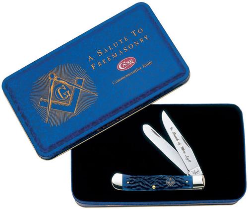 Case Masonig Gift Set Commemorative Trapper Pocket Knife w/Clip/Spey Blades & Jigged Blue Bone Handle 01058