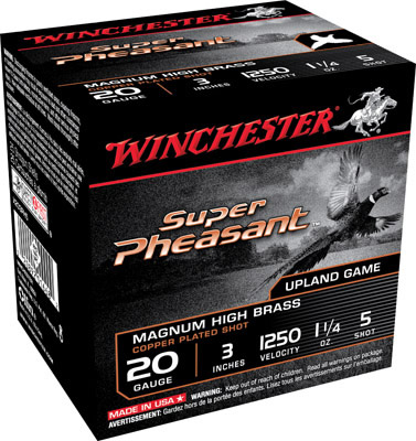Winchester Super X Pheasant Copperplated X203PH5, 20 Gauge, 3", 1-1/4 oz, 1250 fps, #5 Lead Shot, 25 Rds/Bx