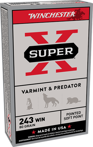 Winchester Super-X Rifle Ammunition X2431, 243 Winchester, Pointed Soft Point (SP), 80 GR, 3350 fps, 20 Rd/bx