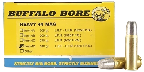 Buffalo Bore Handgun Ammunition 4D/20, 44 Magnum +P+, Lead Flat Nose (FN), 340 GR, 1478 fps, 20 Rd/Bx