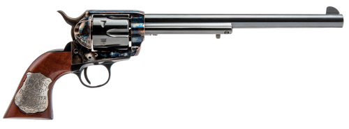 Cimarron Hollywood Series Wyatt Earp Frontier Buntline Revolver CA558, 45 Colt (LC), 10in, Walnut with Inlaid Silver Medallion, Steel Frame Finish, 6 Rds