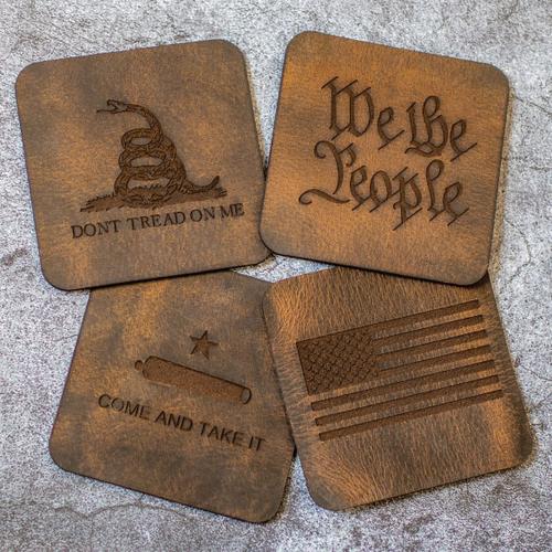 Versacarry "Don't Tread On Me" Coaster Set (M232), 4" x 4", Set of 4, Distressed Brown Water Buffalo Leather
