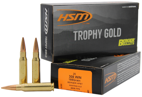 HSM Trophy Gold Rifle Ammunition 308185VLD, 308 Winchester, Berger Hunting VLD, 185 GR, 2606 fps, 20 Rd/bx