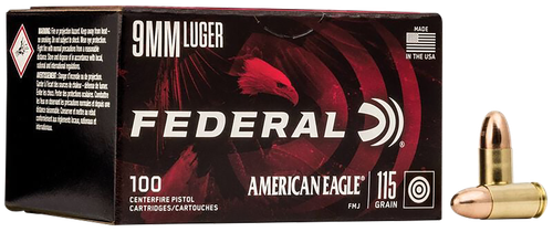 Federal American Eagle Pistol Ammunition AE9DP100, 9mm, Full Metal Jacket (FMJ), 115 GR, 1180 fps, 100 Rd/bx
