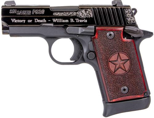 Sig Sauer P938 Texas Silver Edition Pistol 9389TXSAMBI, 9mm, 3 in, Wood Grips w/Texas Star, Black Finish, Silver Engraving