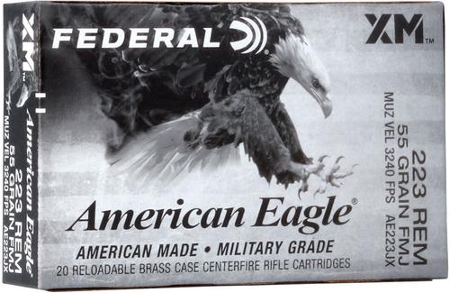 Federal American Eagle Rifle Ammunition, 223 Remington, Full Metal Jacket (FMJ), 55 gr, 3240 fps, 20 Rd/Bx