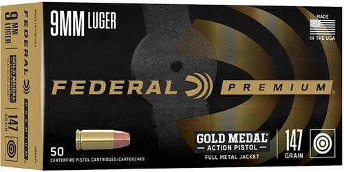 Federal Premium Gold Medal Pistol Ammunition GM9AP1, 9mm, Full Metal Jacket FMJ, 147 GR, 900 fps, 50 Rd/Bx