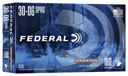 Federal Premium Power Shok Rifle Ammunition 3006B, 30-06 Springfield, Soft Point (SP), 180 GR, 2700 fps, 20 Rd/bx