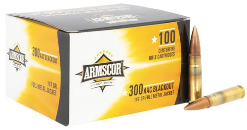 Armscor Rifle Ammunition 50446, 300 Blackout, Full Metal Jacket, 147 gr, 1800 fps, 100 Rd/Bx
