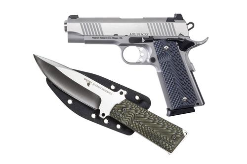 Magnum Research Desert Eagle 1911 Pistol DE1911CSS-K, 45 ACP, 4.33in, G10 Black/Blue Grips, w/Knife, 8 Rds