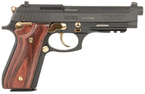 Taurus 92 Pistol 1-920151GLD-HW1, 9mm, 5in, Wood Grips, Matte Black w/Gold Accents Finish, 17 Rds