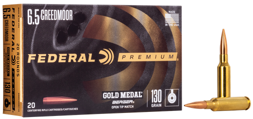 Federal Premium Gold Medal Berger Rifle Ammunition GM65CRDBH130, 6.5 Creedmoor, Open Tip Match, 130 GR, 2875 fps, 20 Rd/Bx