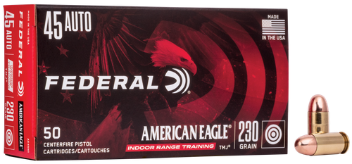 Federal American Eagle Pistol Ammunition AE45N1, 45 ACP, Total Metal Jacket (TMJ), 230 GR, 850 fps, 50 Rd/bx