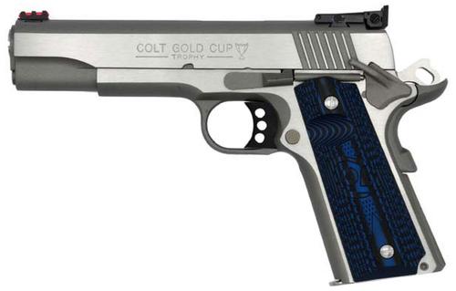 Colt Gold Cup Lite Pistol O5070GCL, 45 ACP, 5", Blue G10 Checkered w/Scallop Grips, Stainless Steel Finish, 8 Rds