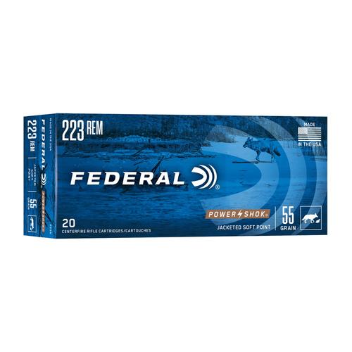 Federal Premium Power Shok Rifle Ammunition 223A, 223 Remington, Soft Point (SP), 55 GR, 3240 fps, 20 Rd/bx