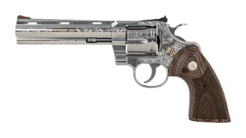 Colt Python Revolver, 357 Mag, 6", Walnut Grips, Engraved Stainless Steel Finish, Fiber Optic Sight, 6 Rds