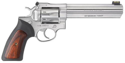 Ruger GP100 Revolver 1773, 357 Mag, 6", Black Rubber w/Wood Insert Grip, Satin Stainless Finish, 7 Rd