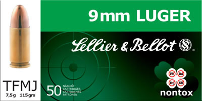 Sellier & Bellot Pistol Ammunition SB9NT, 9mm, Total Full Metal Jacket (FMJ), 115 GR, 1280 fps, 50 Rd/bx