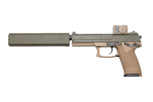 Custom & Collectable Heckler & Koch Mark 23 "Bellum" Pistol, 45 ACP, 5.87 in, FDE Grip, OD Green Diamond Engraved Slide, w/Aimpoint ACRO & SilencerCo Osprey 45 Suppressor, 12 Rd