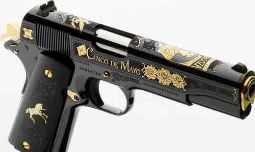 Colt 1911 Government "Cinco De Mayo" Pistol SKCCDM38, 38 Super, 5", Kirinite Black Grips, Royal Blue Polished w/24k Gold Engraving, 9 Rds