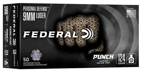 Federal Cartridge Punch Pistol Ammunition PD9P1G, 9mm, Jacketed Hollow Point (JHP), 124  GR, 1150  fps, 50 Rd/bx