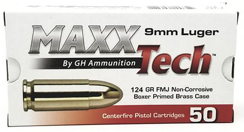 Maxxtech Brass Pistol Ammunition PTGB912B, 9mm Luger, Full Metal Jacket, 124 gr, 1213 fps, 50 Rd/Bx