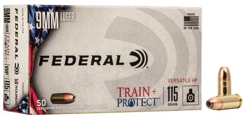 Federal Train & Protect Pistol Ammunition TP9VHP1, 9mm, Verstile Hollow Point (VHP), 115 GR, 1180 fps, 50 Rd/Bx