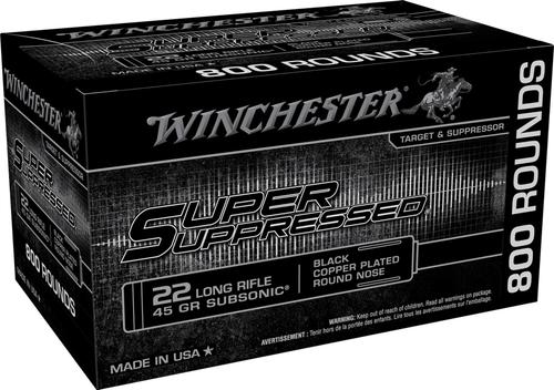 Winchester Super Suppressed Rimfire Ammunition SUP22LRB, 22 LR, Black Copper Plated Round Nose, 45 gr, 1090 fps, 800 Rds/Bx