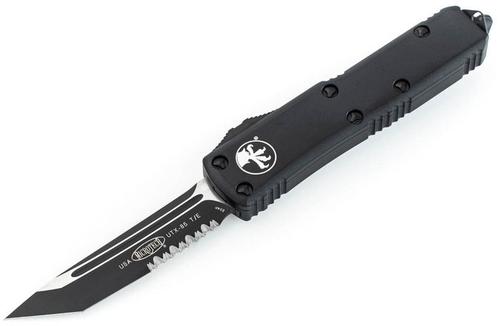 Microtech UTX-85 Automatic Out The Front Knife, Single Edge Partially Serrated Tanto Blade, Tactical Black Handle (233-2T)