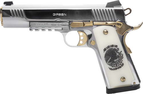 EAA MC1911 S Liberador II Pistol 391055, 38 Super, 5in, Pearl Engraved w/Mexican Coat Of Arms, Chrome w/Gold Accents Finish, 9 Rds
