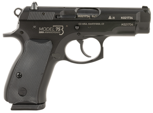 CZ 75 Compact 50th Anniversary Pistol 91122, 9mm, 3.75in, Black Plastic Grips, Black Polycoat Finish, 15 Rds