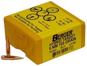 Berger Target Bullets 6 MM, .243 Diameter, 105 Grain, Match Hybrid Target, 100 Per Box (24433), Not Loaded