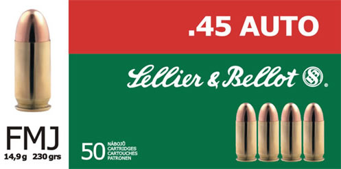 Sellier & Bellot Pistol Ammuntion SB45GAP, 45 GAP, Full Metal Jacket (FMJ), 230 GR, 940 fps, 50 Rd/bx