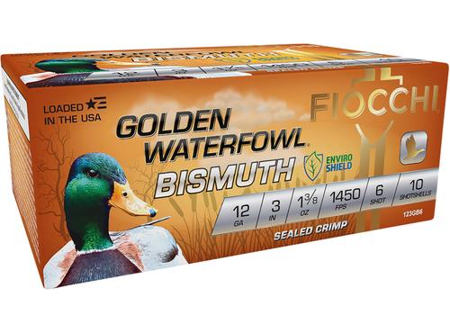 Fiocchi Golden Waterfowl Bismuth Shotshells 123GB6, 12 Gauge, 3", 1 3/8 oz, 1450 fps, #6 Steel Shot, 10 Rds/box
