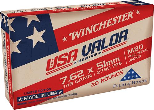 Winchester USA Valor Rifle Ammunition, 7.62x51mm NATO, Full Metal Jacket, 149 gr, 2790 fps, 20 Rd/Bx