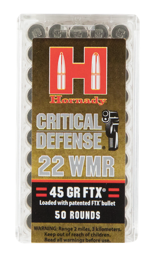 Hornady Critical Defense Rifle Ammunition 83200, 22 Magnum (WMR), Flex Tip eXpanding (FTX), 45 GR, 1700 fps, 50 Rd/bx