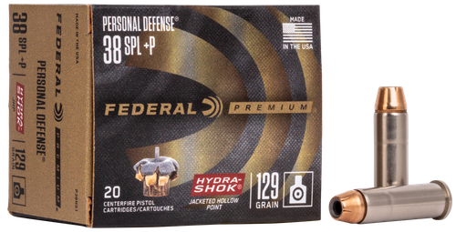 Federal Premium Personal Defense Handgun Ammunition P38HS1, 38 Special +P, Hydra-Shok JHP (JHP), 129 GR, 950 fps, 20 Rd/bx