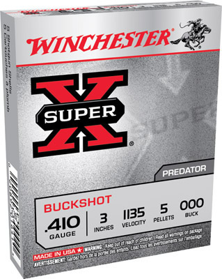 Winchester Super X Buckshot XB413000, 410 Gauge, 3", 5 pellets, 1135 fps, #000 Lead Buckshot, 5 Rd/bx