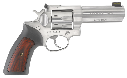 Ruger GP100 Revolver 1771, 357 Mag, 4.20", Black Rubber w/Wood Insert Grip, Satin Stainless Finish, 7 Rd