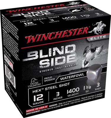 Winchester Blind Side Steel Shotshells SBS1233, 12 Gauge, 3 in, 1-3/8 oz, 1400 fps, #3 Steel Shot, 25 Rds/Bx