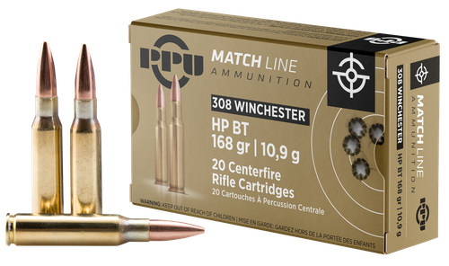 Prvi Partizan Rifle Ammunition PPM3082, 308 Winchester, Hollow Point Boat Tail (HPBT), 168 GR, 2610 fps, 20 Rd/bx