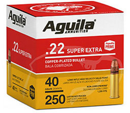 Aguila High Velocity Rimfire Ammunition 1B221100, 22 LR, Copper-Plated Solid Point, 40 gr, 1255 fps, 250 Rds/Bx