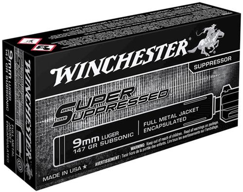 Winchester Super Suppressed Pistol Ammunition SUP9, 9MM, Full Metal Jacket, 147 GR, 990 fps, 50 Rds/Bx