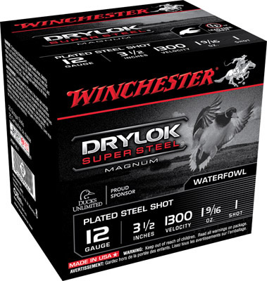 Winchester Super X Dryloc Super Steel Shotshells XSM12L1, 12 Gauge, 3-1/2", 1-9/16 oz, 1300 fps, #1 Steel Shotshells Shot, 25 Rds/Bx